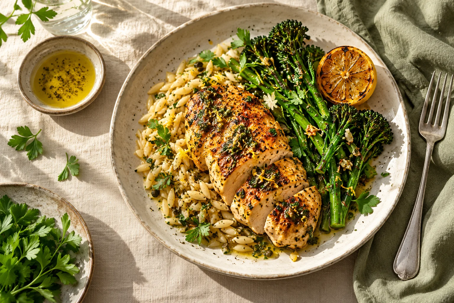 Golden lemon chicken, orzo and greens on a cream ceramic plate