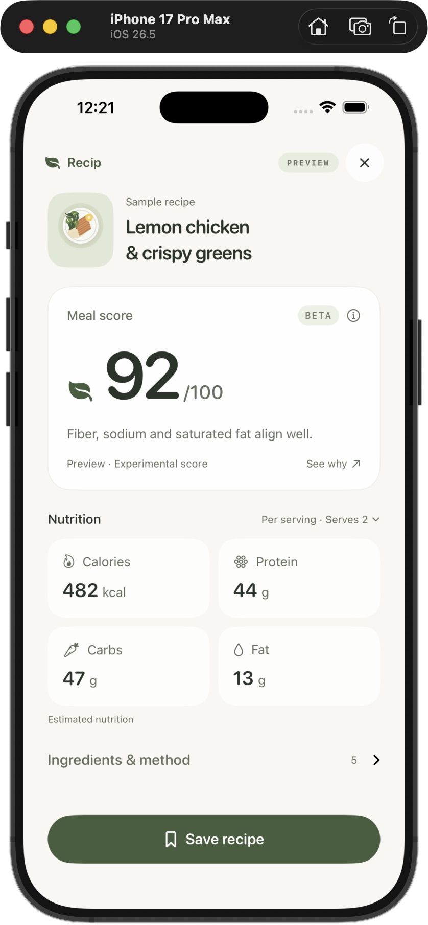 Recip sample recipe showing estimated nutrition, ingredients and the Save recipe button